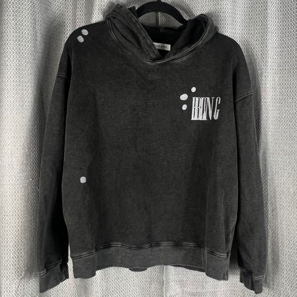 Anine Bing Hoodie Distressed Washed Black Graphic Cotton Sweatshirt Large